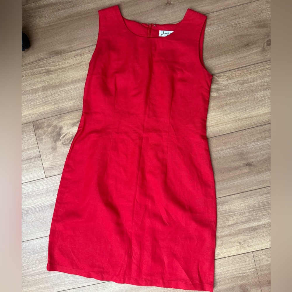 Adorable Vintage Red Jennifer Eden Scoop Neck Linen Feel Dress